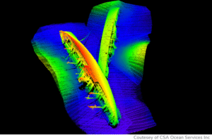 side scan sonar image of two ships on seafloor