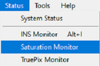 screenshot of R2Sonic software Status dropdown menu with Saturation Monitor link selected
