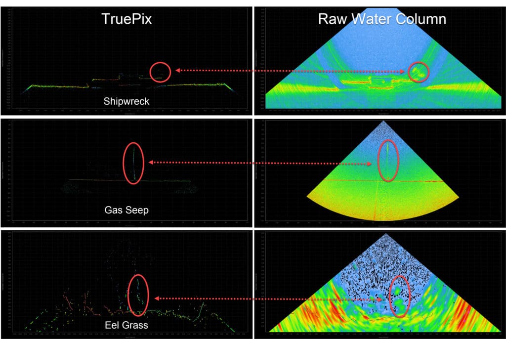 Screen captures of the Qimera Water Column Tool comparing TruePix and raw water column data.